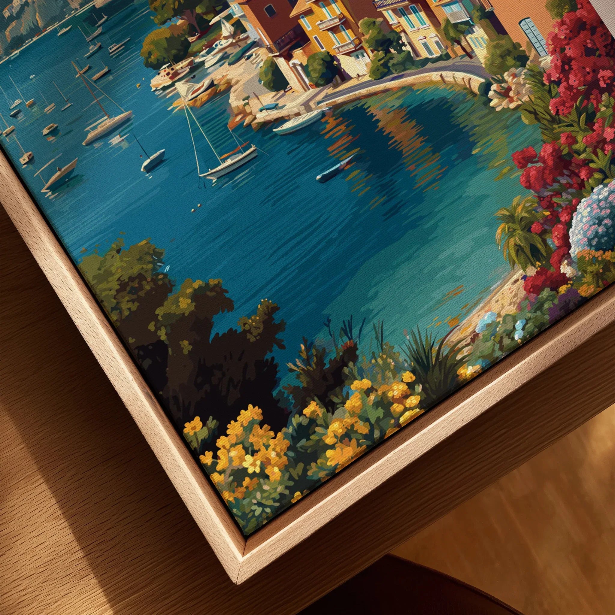 Framed canvas wall art of Villefranche-sur-Mer harbor, boats, and colorful coastal buildings.