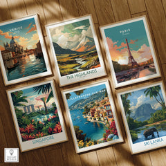 Set of six framed travel art prints on wooden floor featuring Venice, Paris, Singapore, The Highlands, Villefranche-sur-Mer, and Sri Lanka.