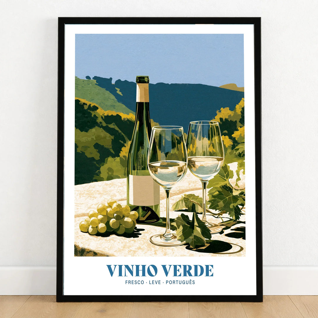 Portuguese Vinho Verde Wine Poster - art print in black frame on wooden floor