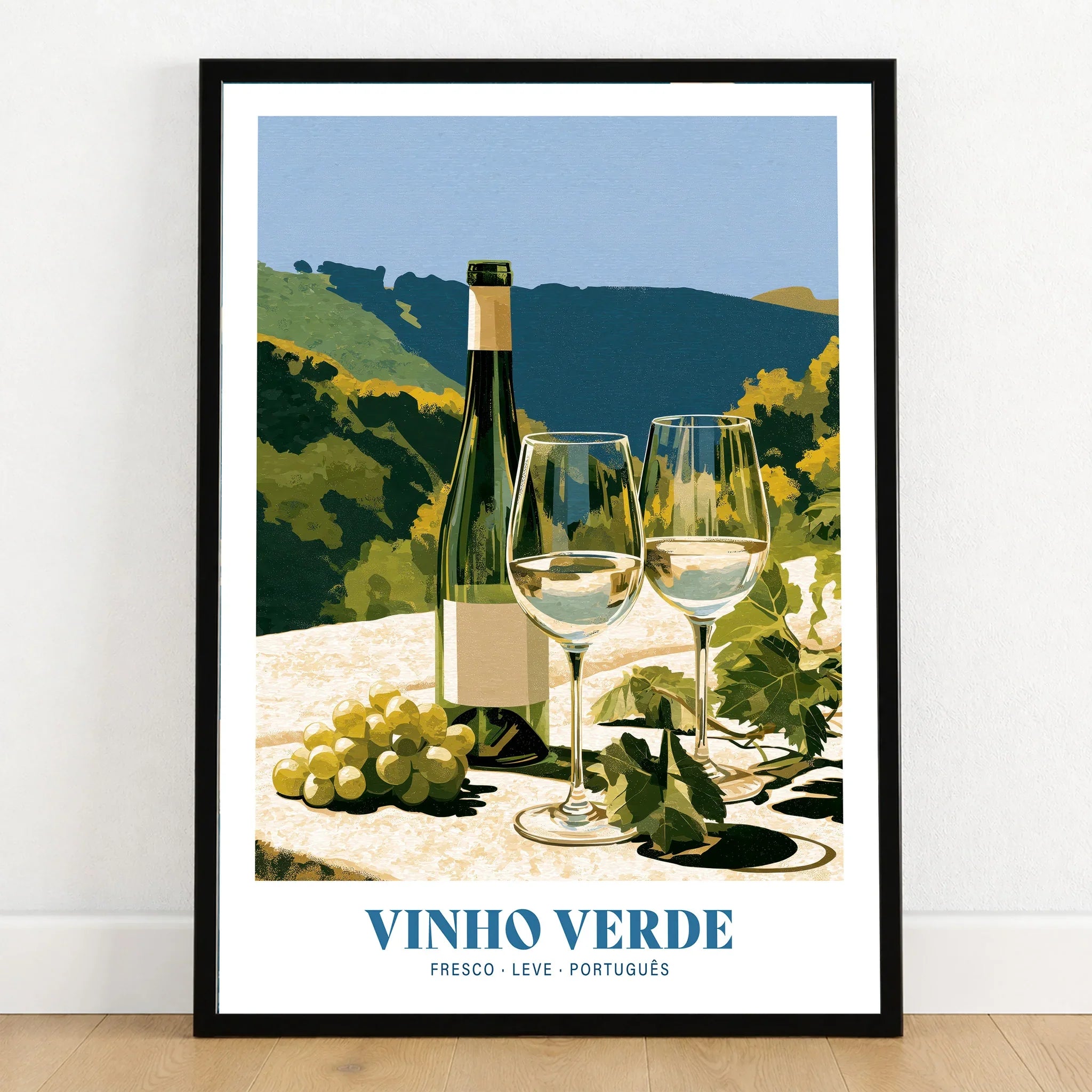 Portuguese Vinho Verde Wine Poster - art print in black frame on wooden floor