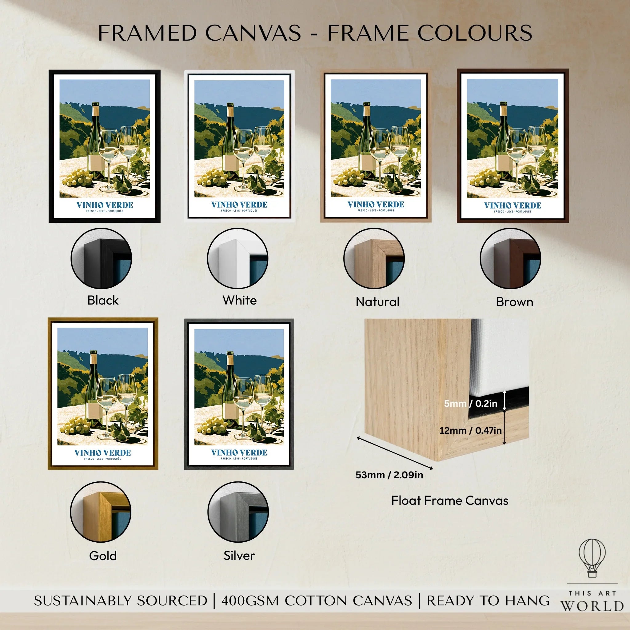 Portuguese Vinho Verde Wine Poster - framed canvas float frame colour options