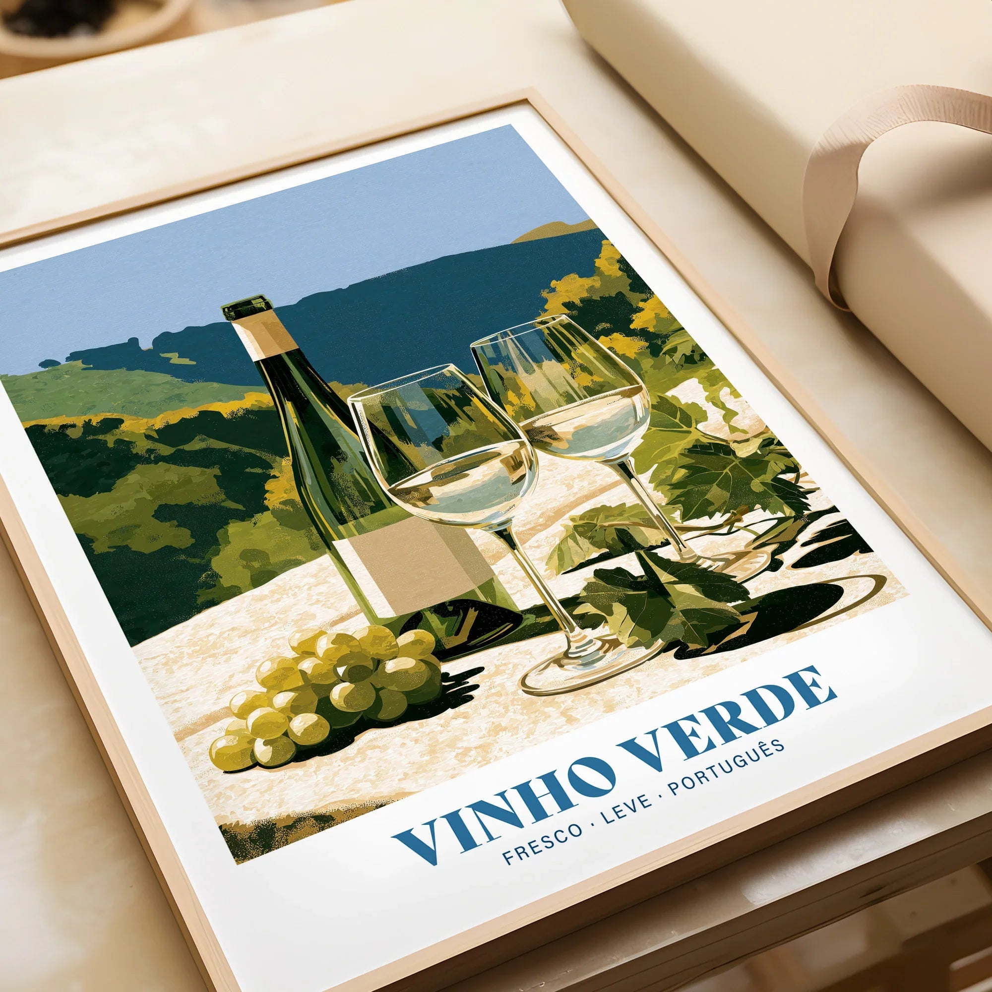 Portuguese Vinho Verde Wine Poster - framed art print closeup gift unwrapped natural frame