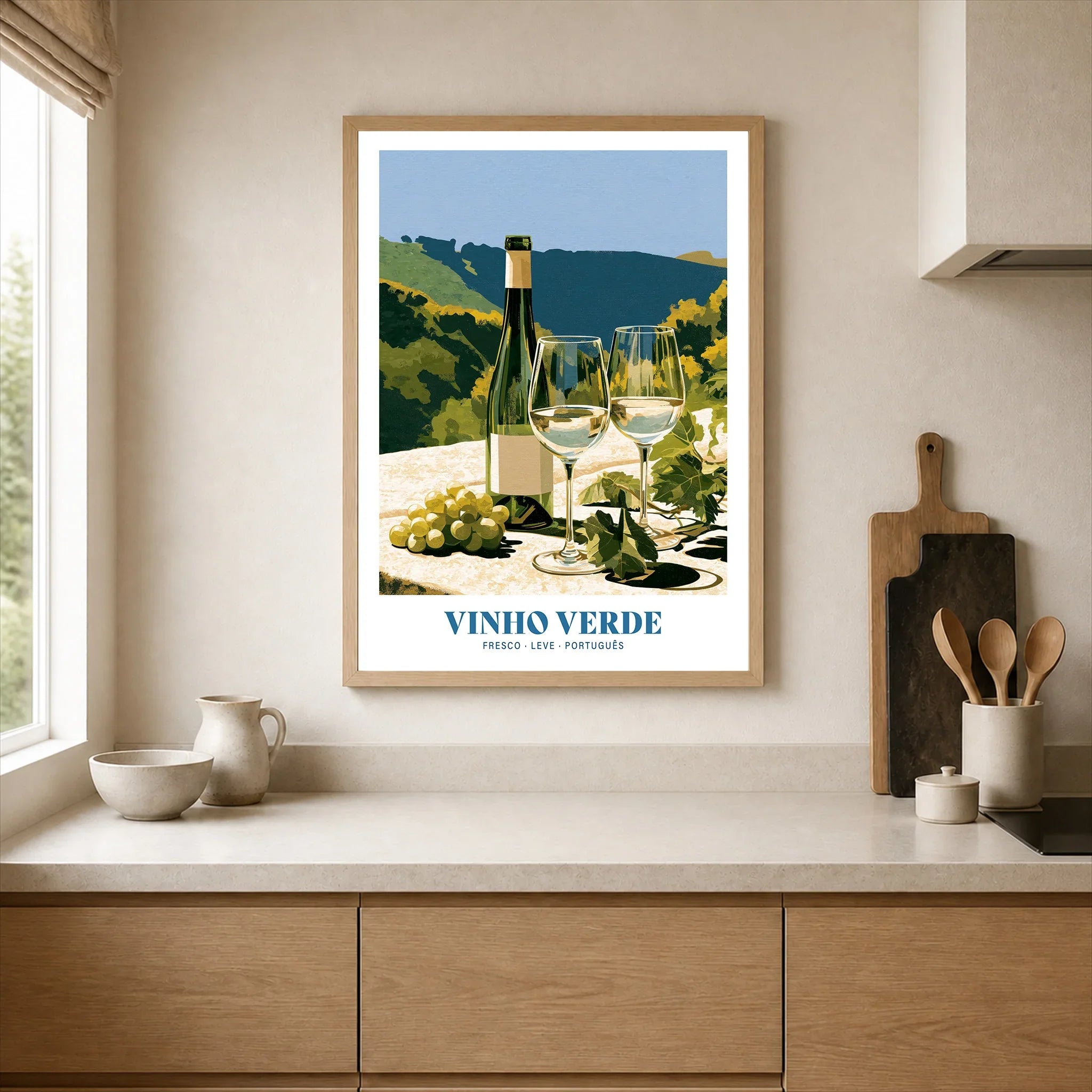 Portuguese Vinho Verde Wine Poster - neutral kitchen single frame mockup This Art World