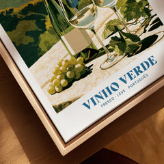 Portuguese Vinho Verde Wine Poster - closeup framed canvas natural wood floating frame