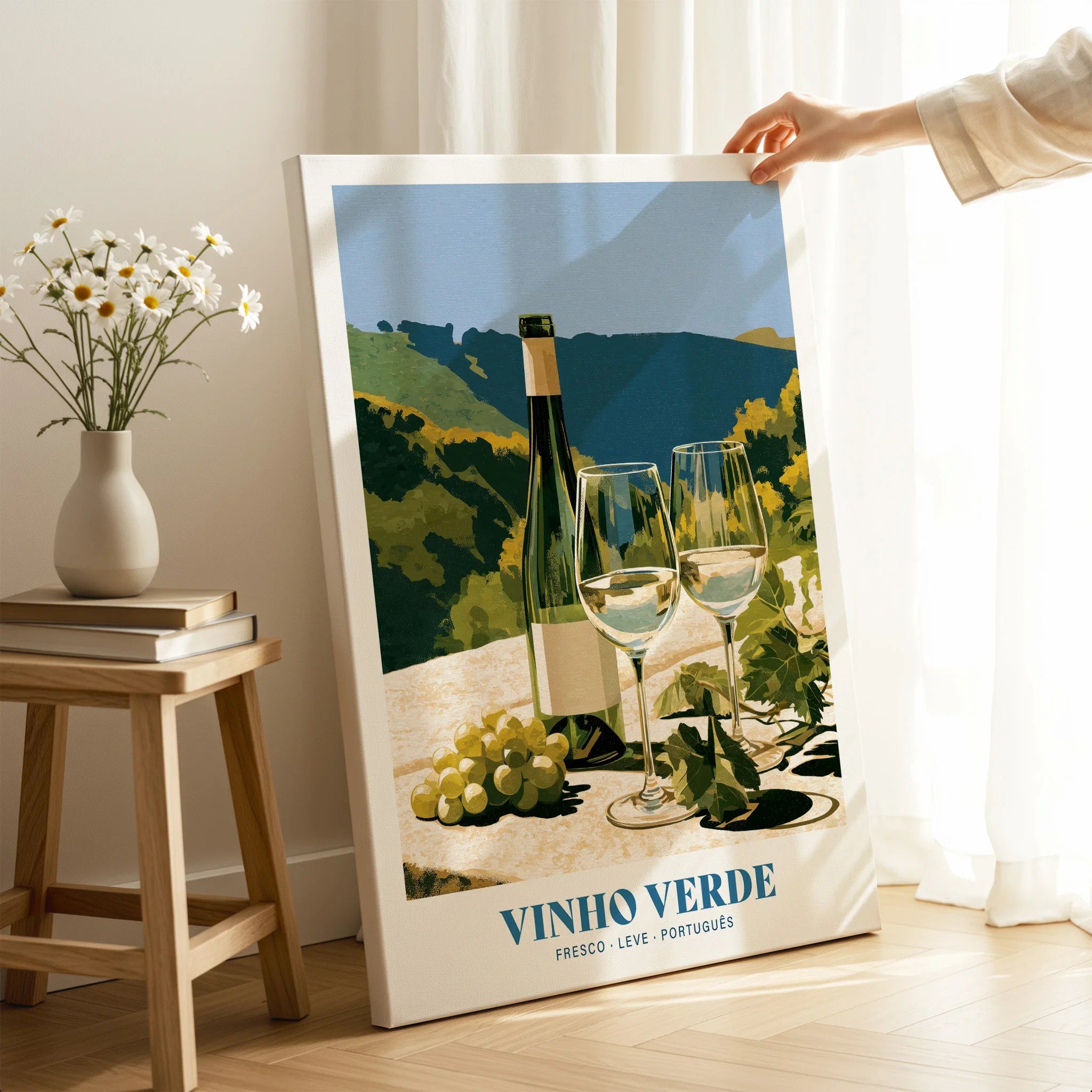 Portuguese Vinho Verde Wine Poster - canvas print mirror edge hand holding room setting
