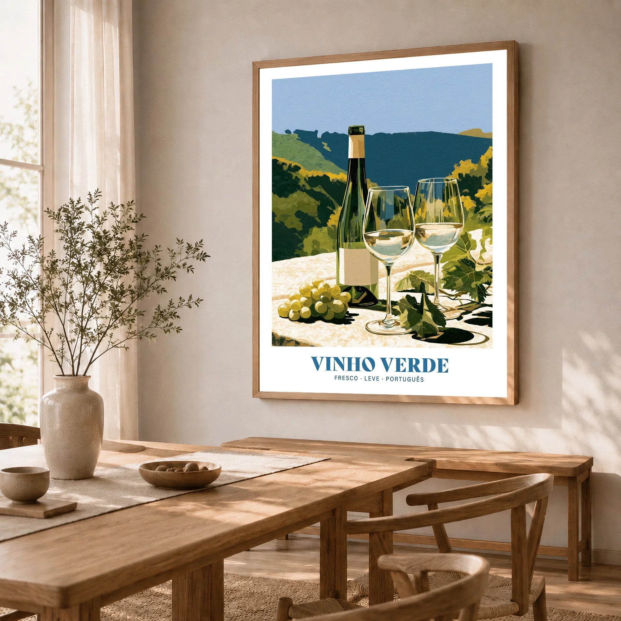 Portuguese Vinho Verde Wine Poster - dining room framed print natural wood frame mockup ThisArtWorld