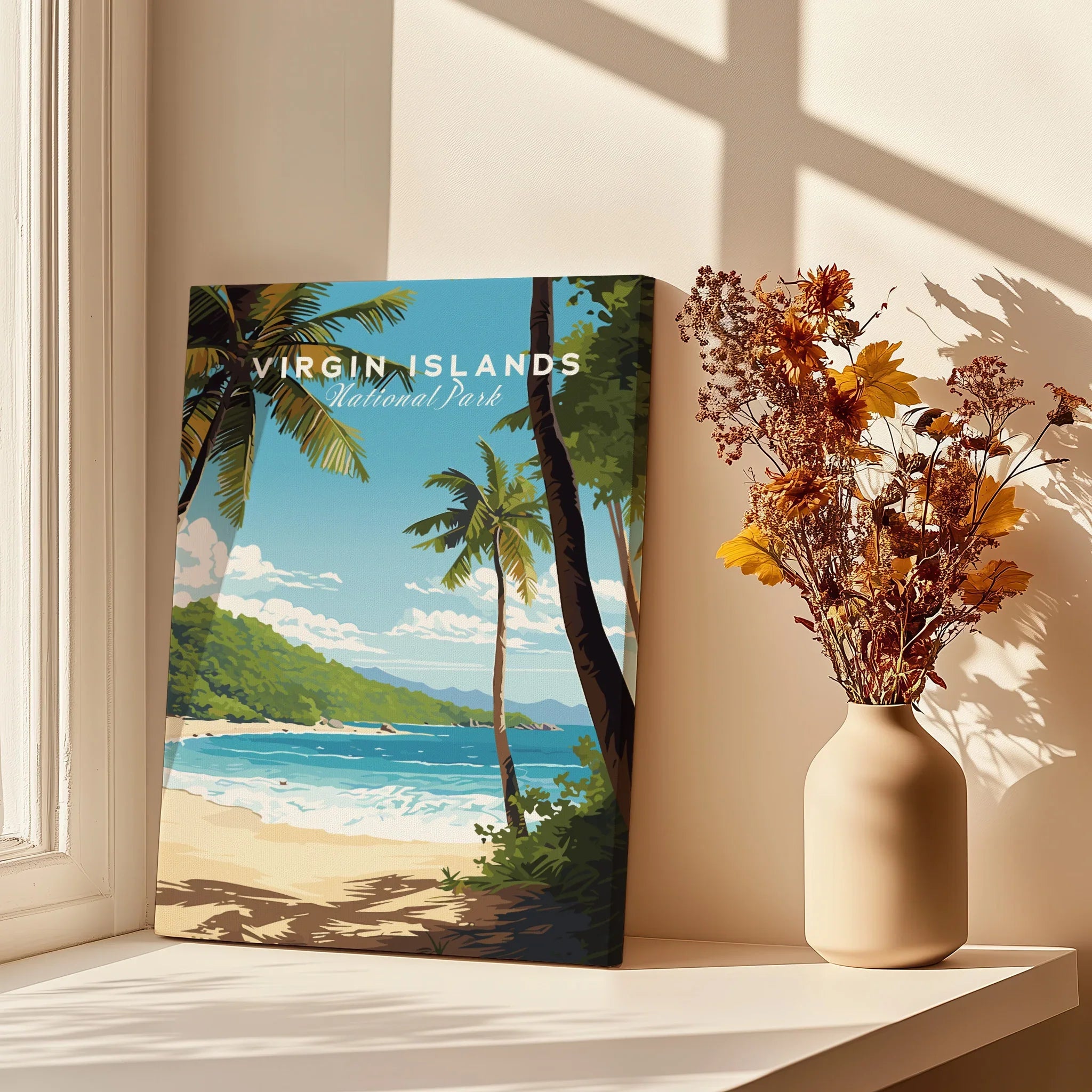 Virgin Islands National Park travel poster canvas by window, with palm trees, beach, and vase of flowers