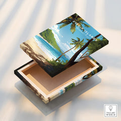Virgin Islands National Park art print on floating canvas box, tropical beach and palm trees.