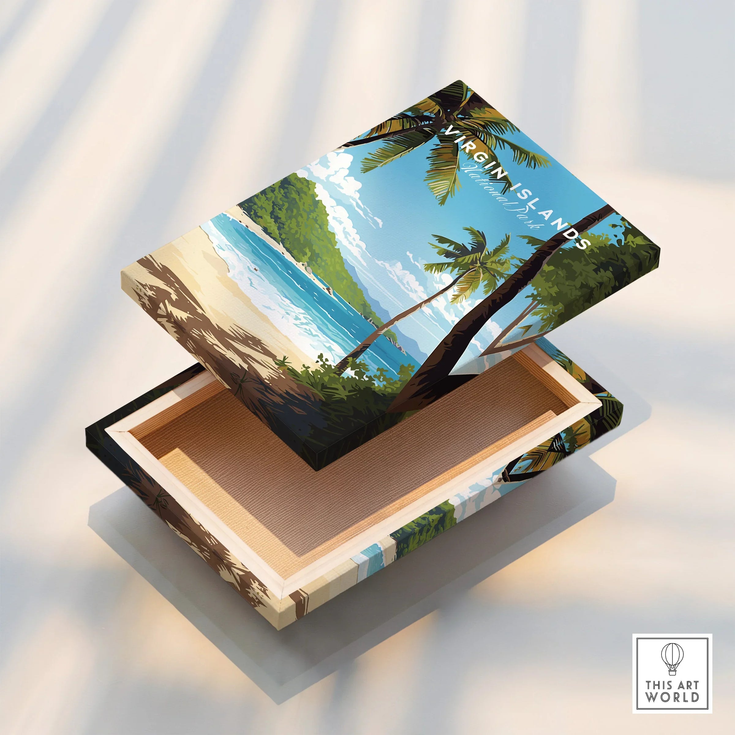 Virgin Islands National Park art print on floating canvas box, tropical beach and palm trees.