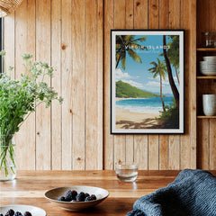 Virgin Islands National Park art print with tropical beach scene in a rustic kitchen setting