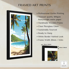Virgin Islands National Park framed art print featuring tropical beach with palm trees, black wooden frame, and details about print quality and frame measurements.