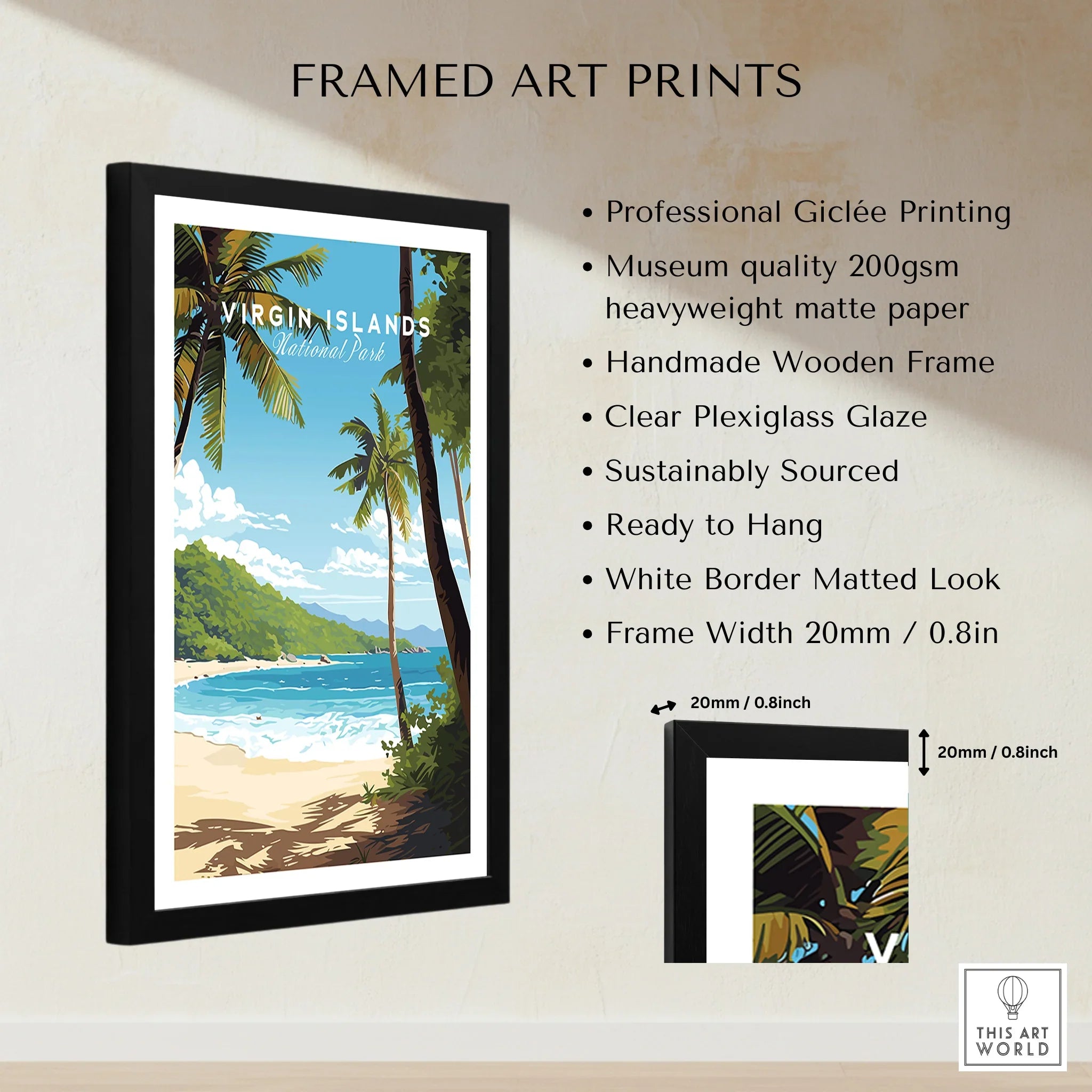 Virgin Islands National Park framed art print featuring tropical beach with palm trees, black wooden frame, and details about print quality and frame measurements.