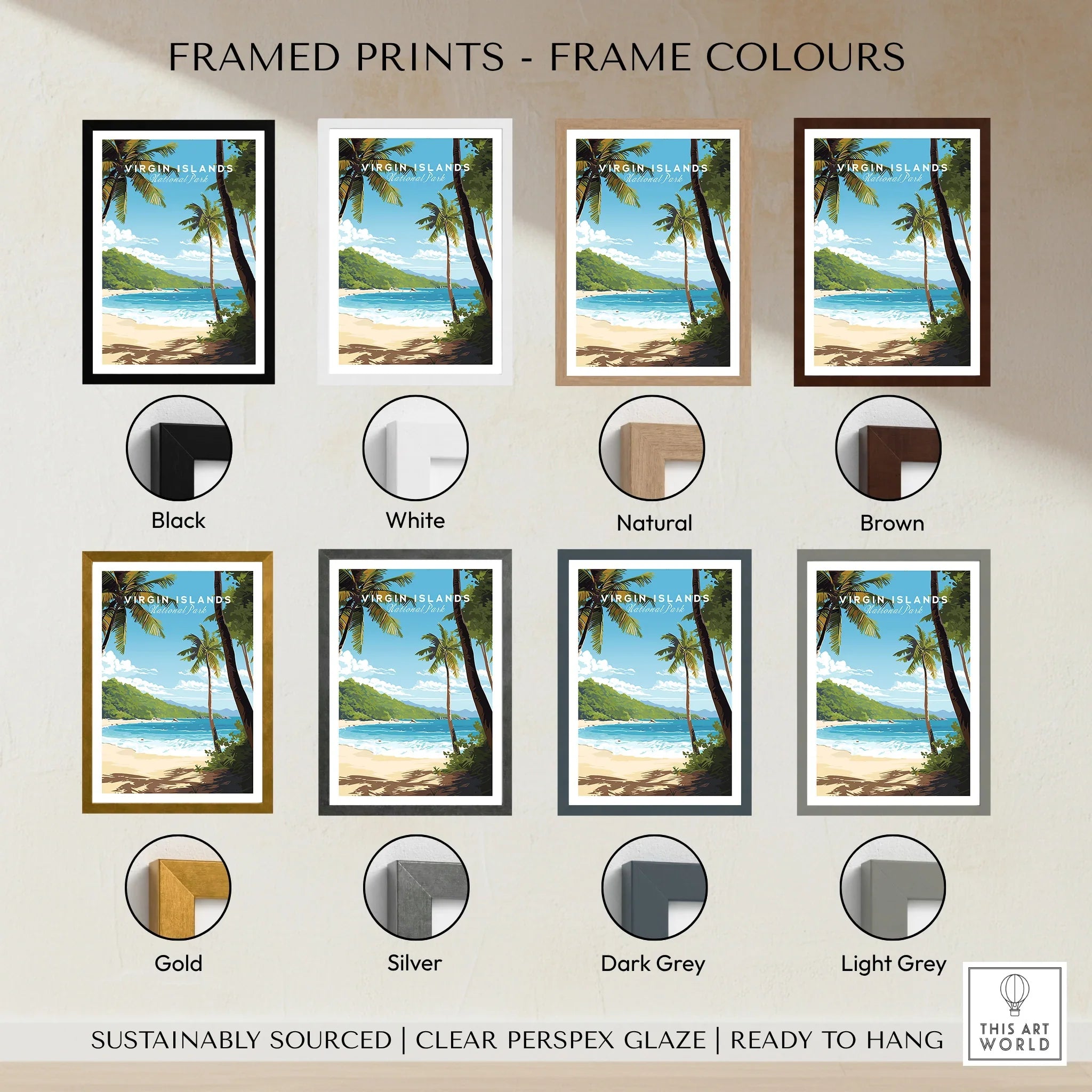 Virgin Islands National Park beach art print with eight frame color options displayed.