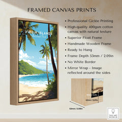 Virgin Islands National Park framed canvas print with float frame and beach illustration.