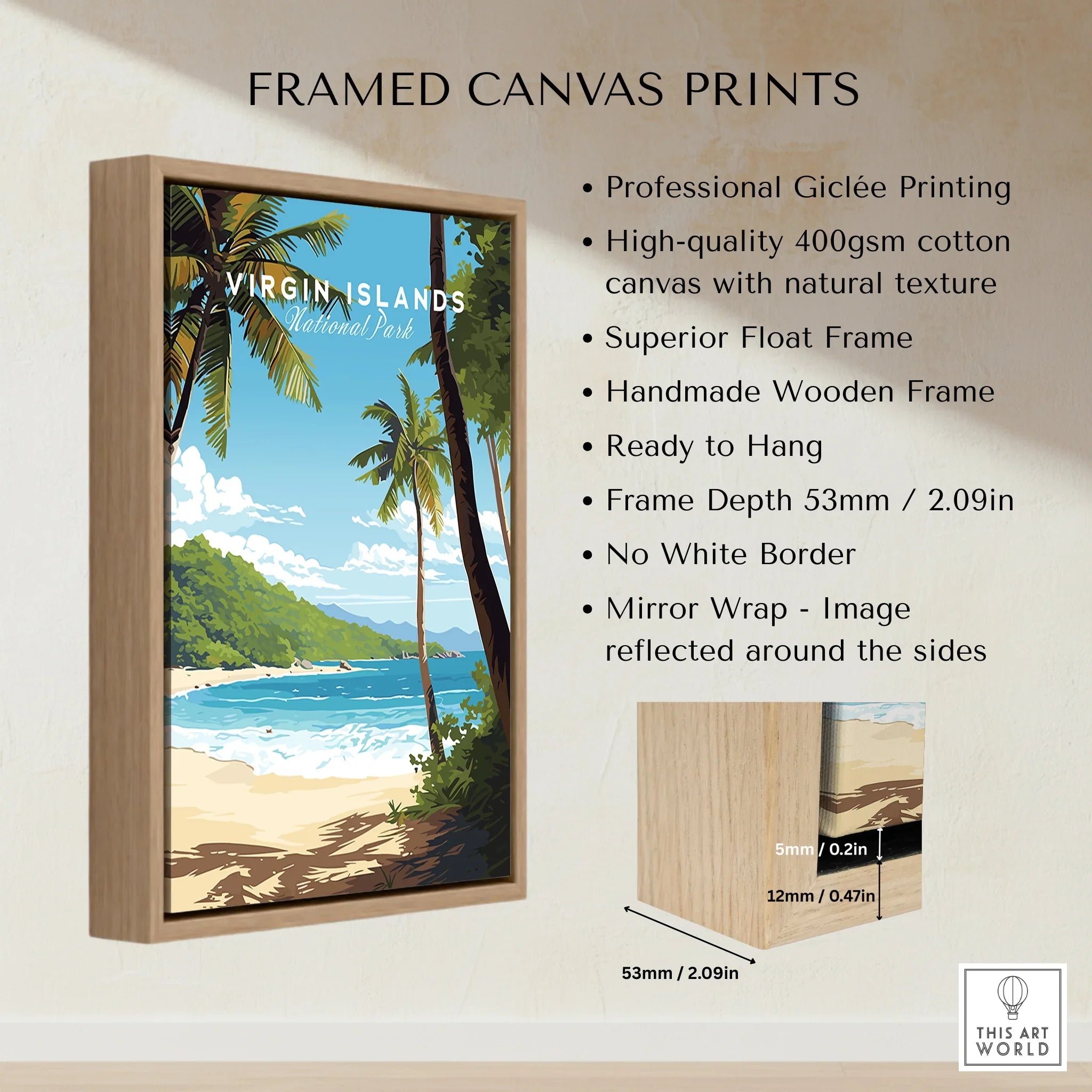 Virgin Islands National Park framed canvas print with float frame and beach illustration.