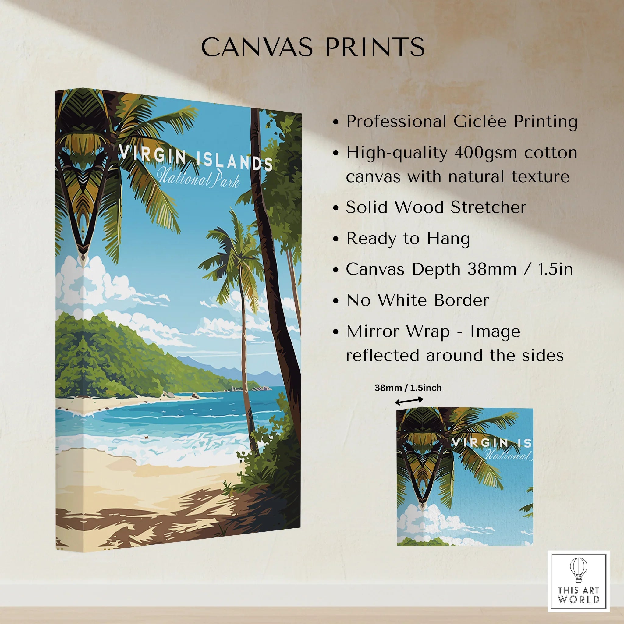 Virgin Islands National Park canvas print featuring tropical beach, palm trees, and blue ocean.