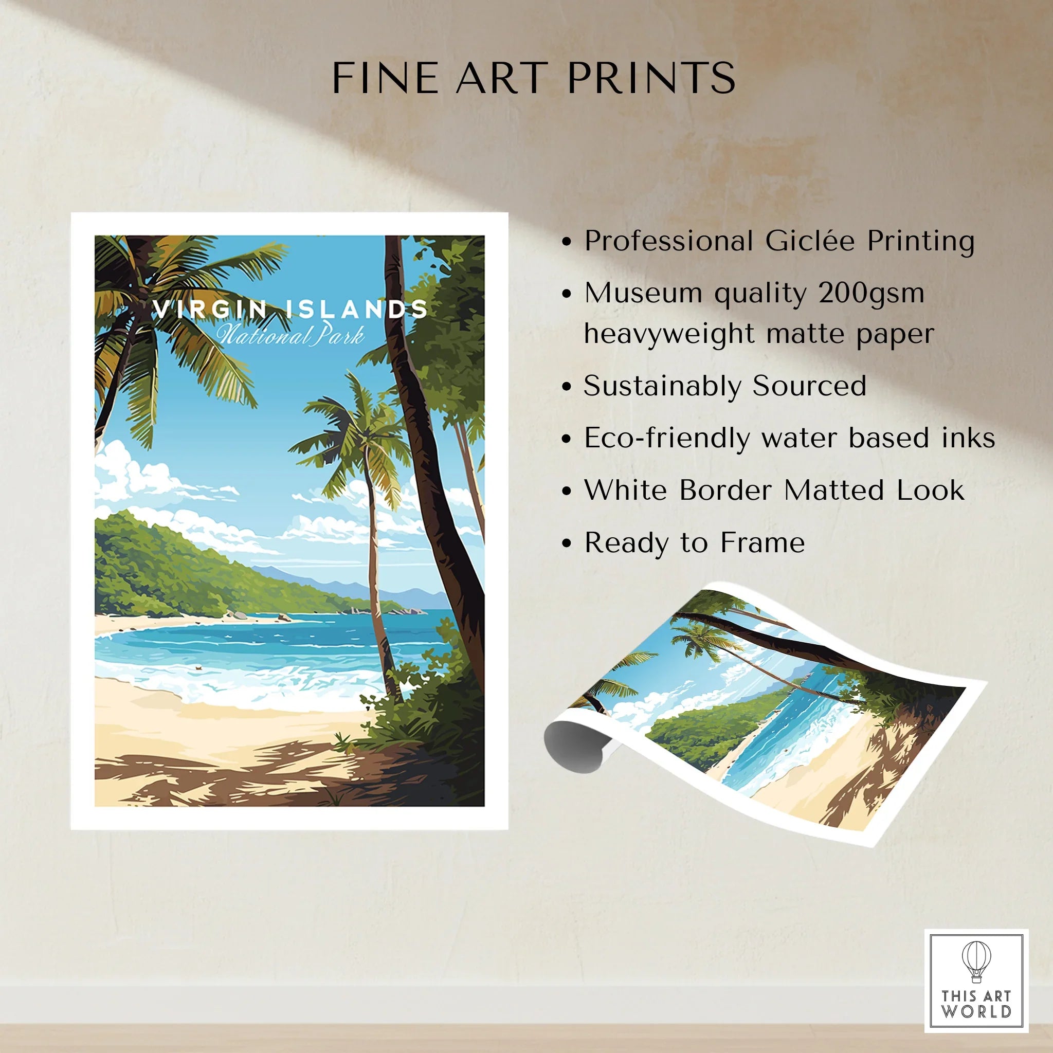 Virgin Islands National Park art print featuring palm trees, tropical beach, and ocean view