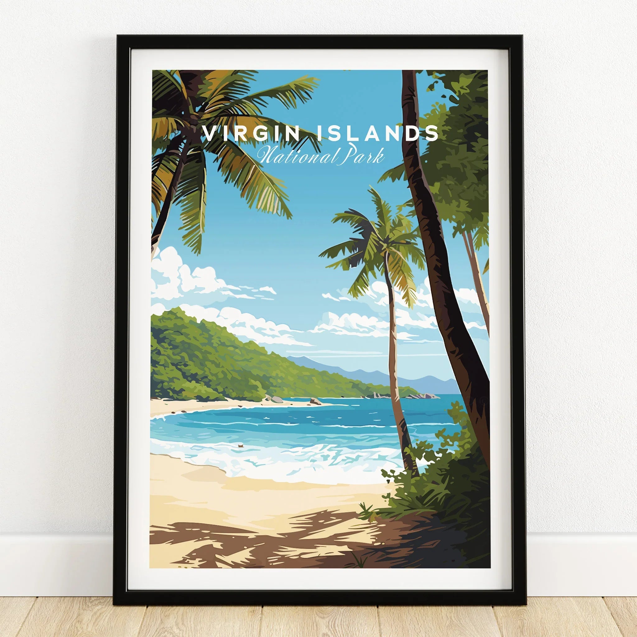 Virgin Islands National Park art print in black frame, tropical beach scene with palm trees