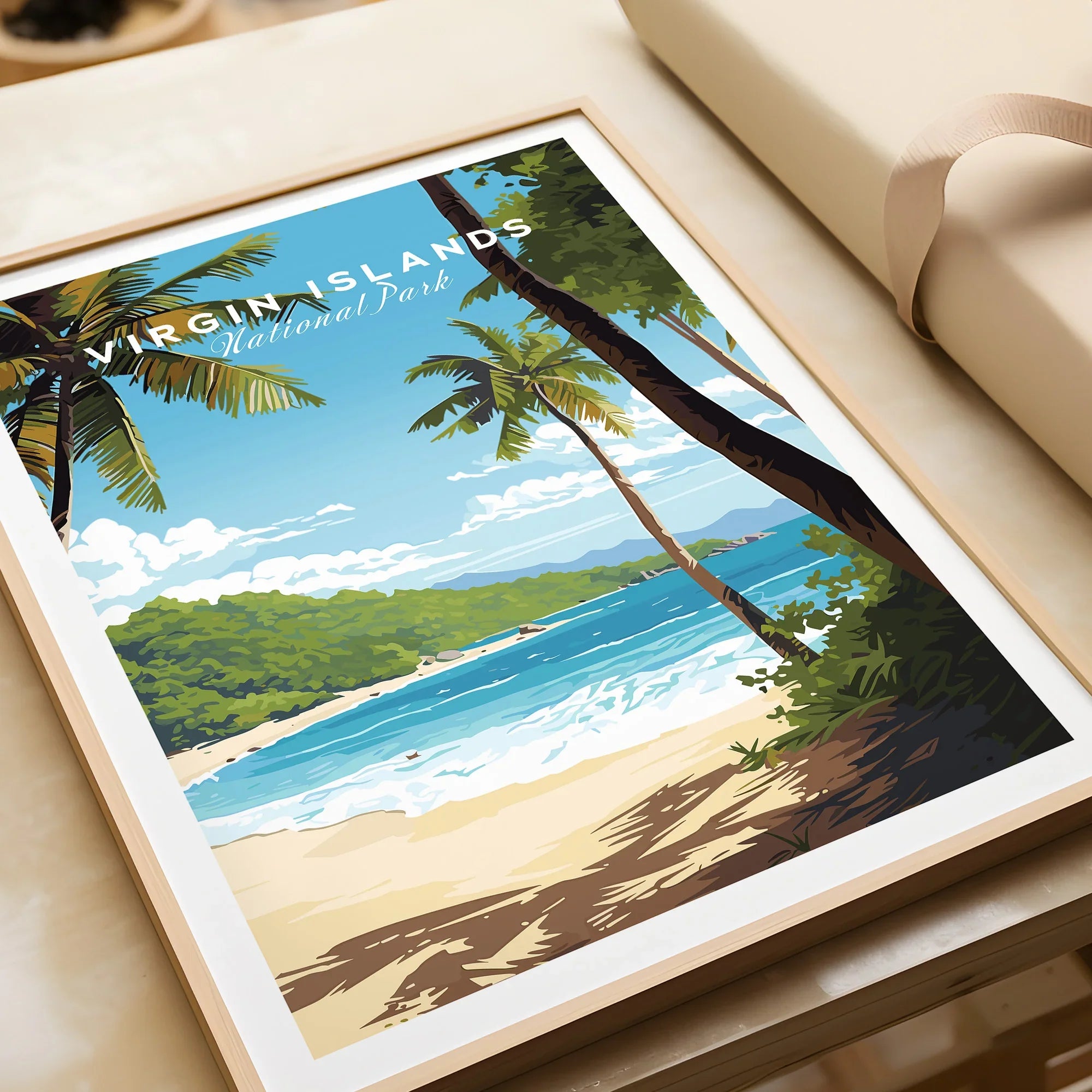 Virgin Islands National Park art print with beach, ocean, palm trees in natural wood frame
