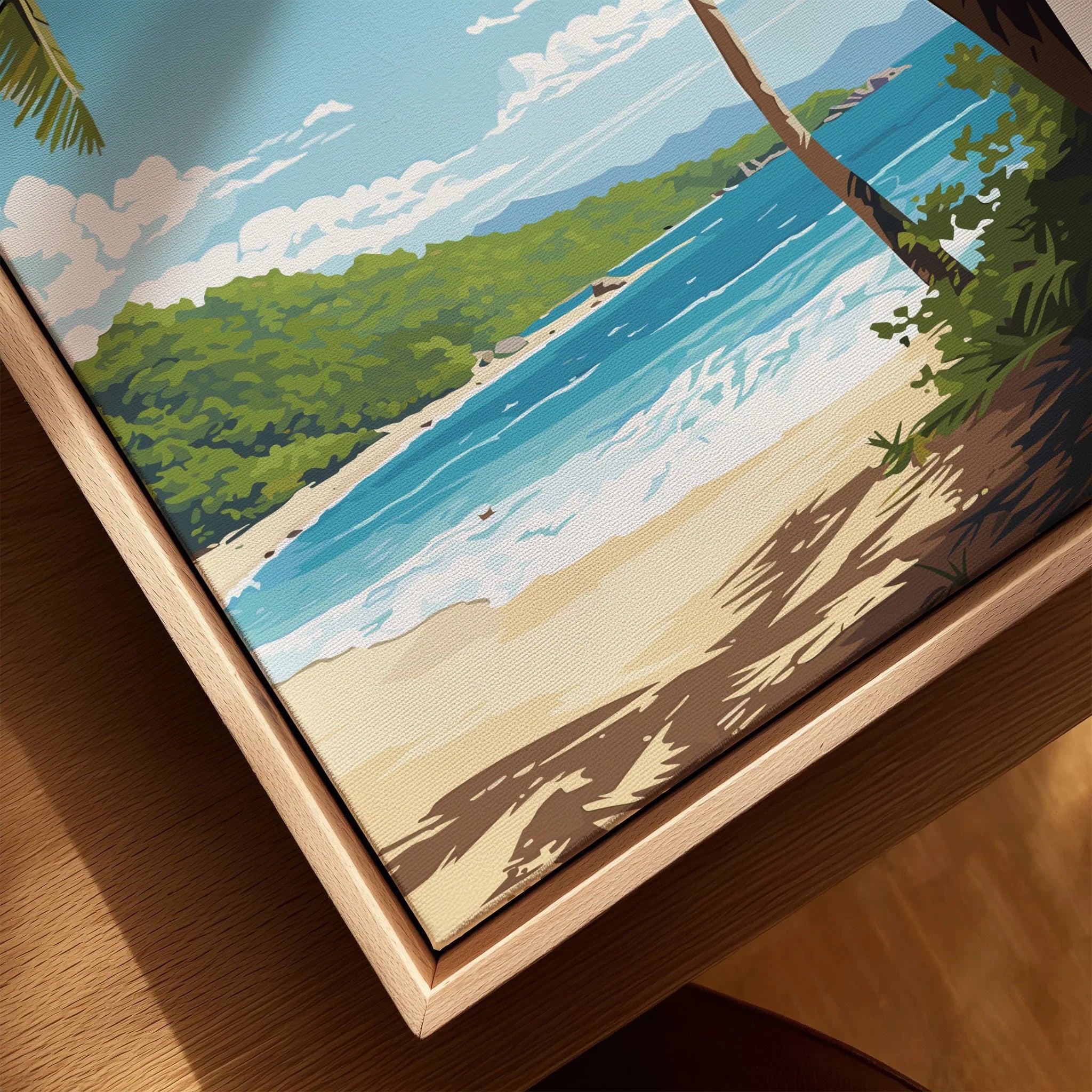 Framed canvas print of Virgin Islands beach with turquoise water and lush greenery