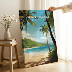 Virgin Islands National Park beach wall art print with palm trees, held in sunlit room