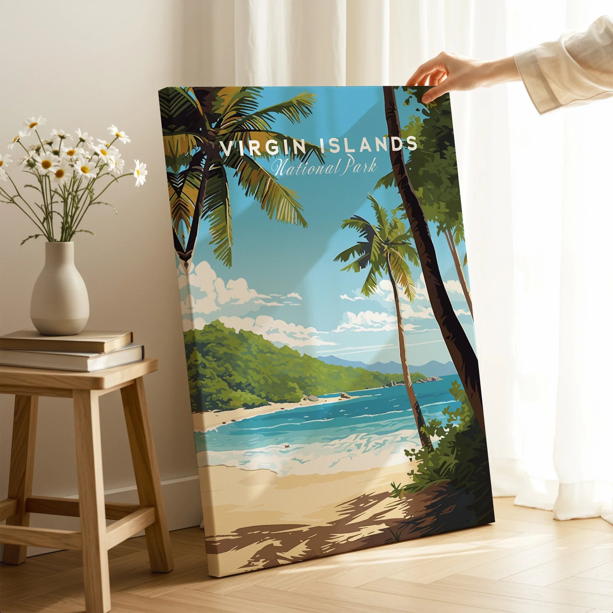 Virgin Islands National Park beach wall art print with palm trees, held in sunlit room
