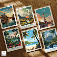 Set of six framed travel and national park art prints on wooden floor, featuring Venice, the Highlands, Paris, Singapore, Virgin Islands, and Sri Lanka.