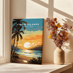 Virgin Islands National Park art print with sunset beach scene beside vase of dried flowers on windowsill