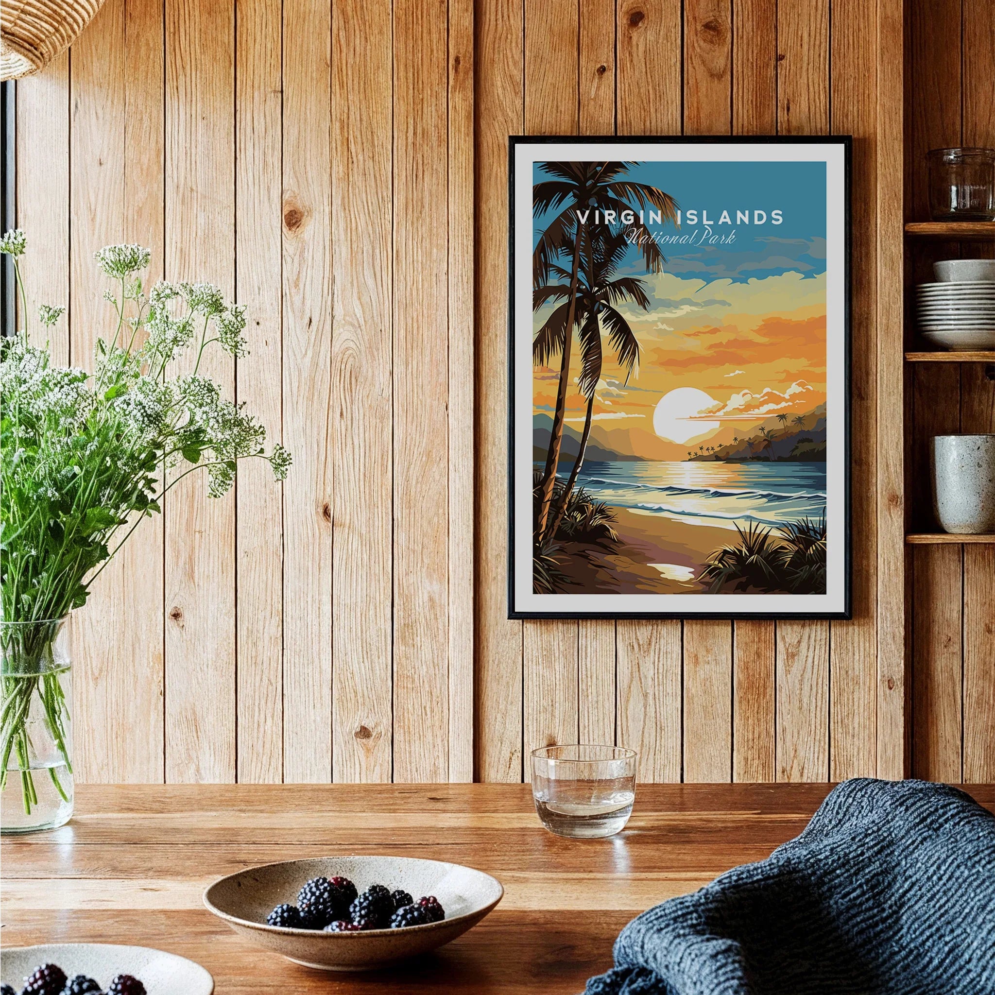 Virgin Islands National Park framed art print with tropical sunset on kitchen wall