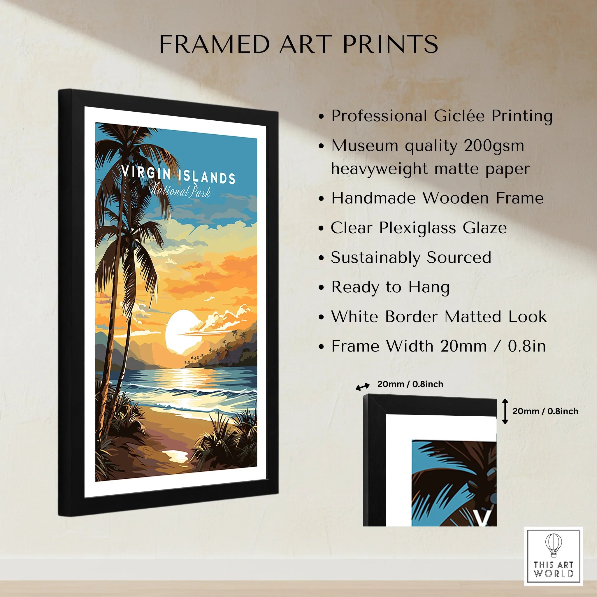 Framed Virgin Islands National Park art print with palm trees, sunset, and ocean view