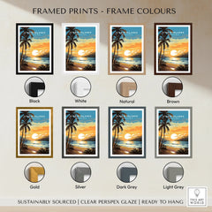 Virgin Islands National Park sunset print with palm trees, shown in eight frame colour options.