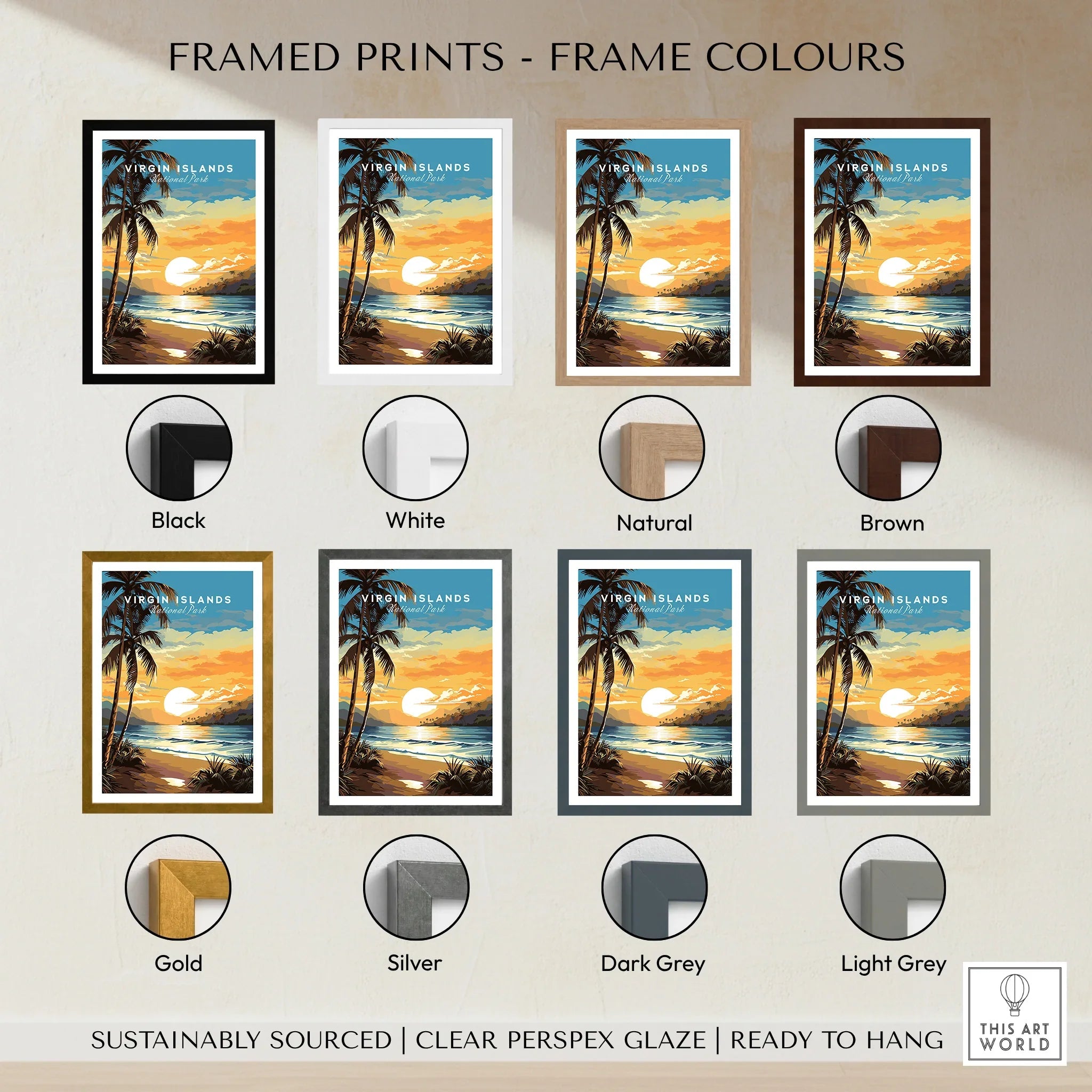 Virgin Islands National Park sunset print with palm trees, shown in eight frame colour options.