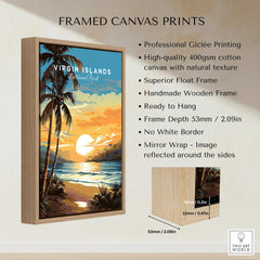 Virgin Islands National Park travel poster framed canvas print with sunset, palm trees, and ocean view.