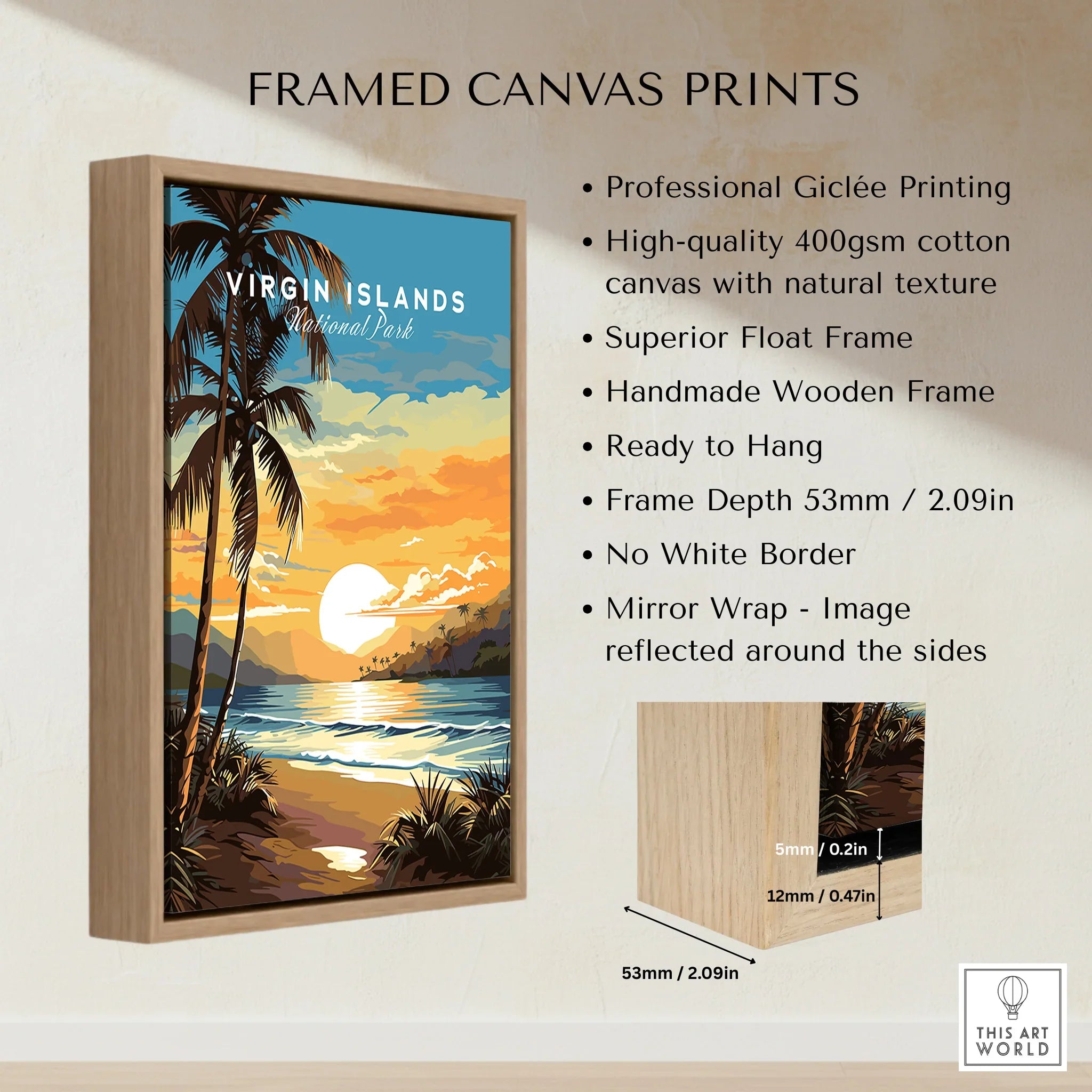 Virgin Islands National Park travel poster framed canvas print with sunset, palm trees, and ocean view.