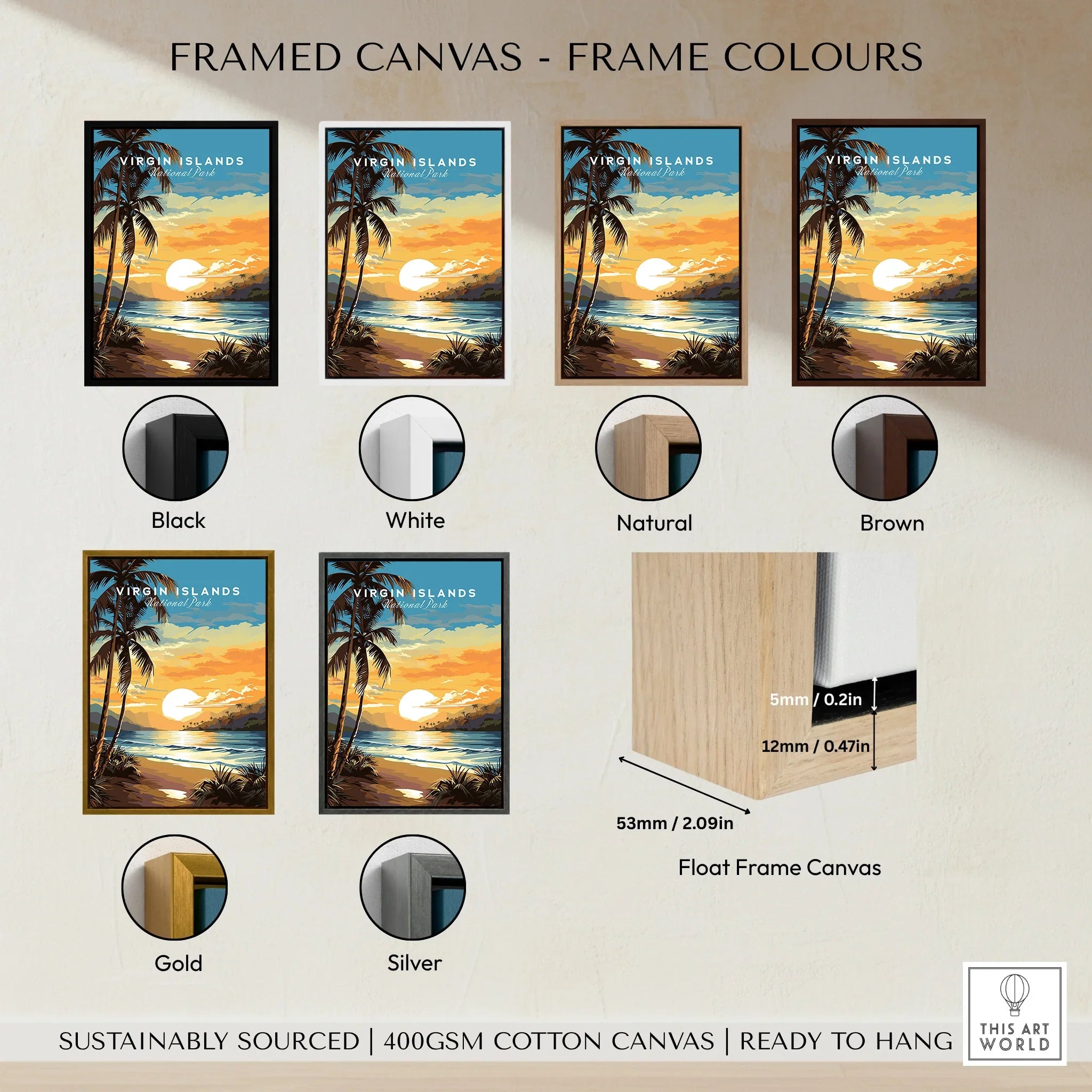 Virgin Islands National Park sunset print on framed canvas with six frame color options: black, white, natural, brown, gold, silver.
