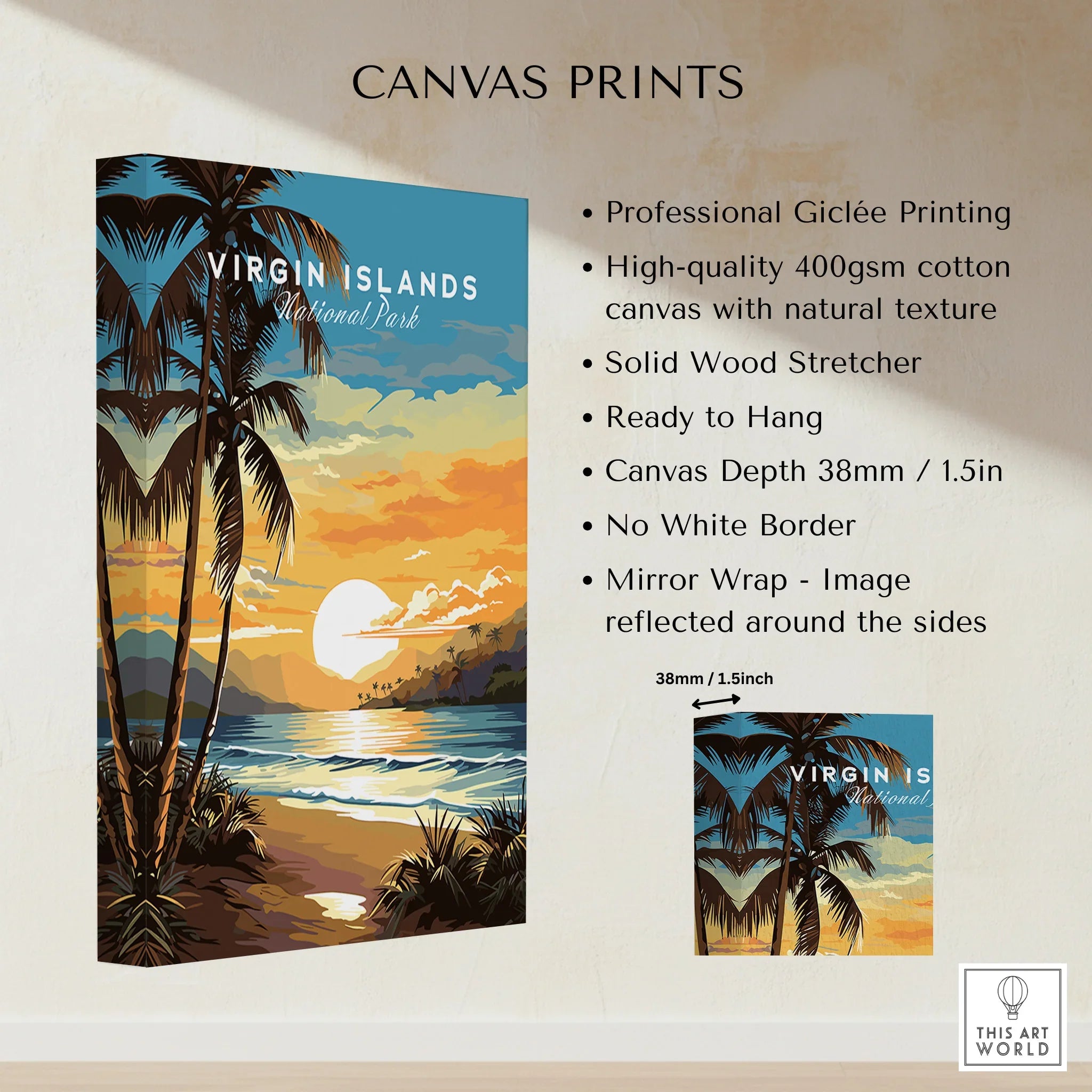 Virgin Islands National Park canvas print with tropical sunset, palm trees, and beach scene