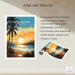 Virgin Islands National Park art print with tropical beach sunset, palm trees, and ocean waves