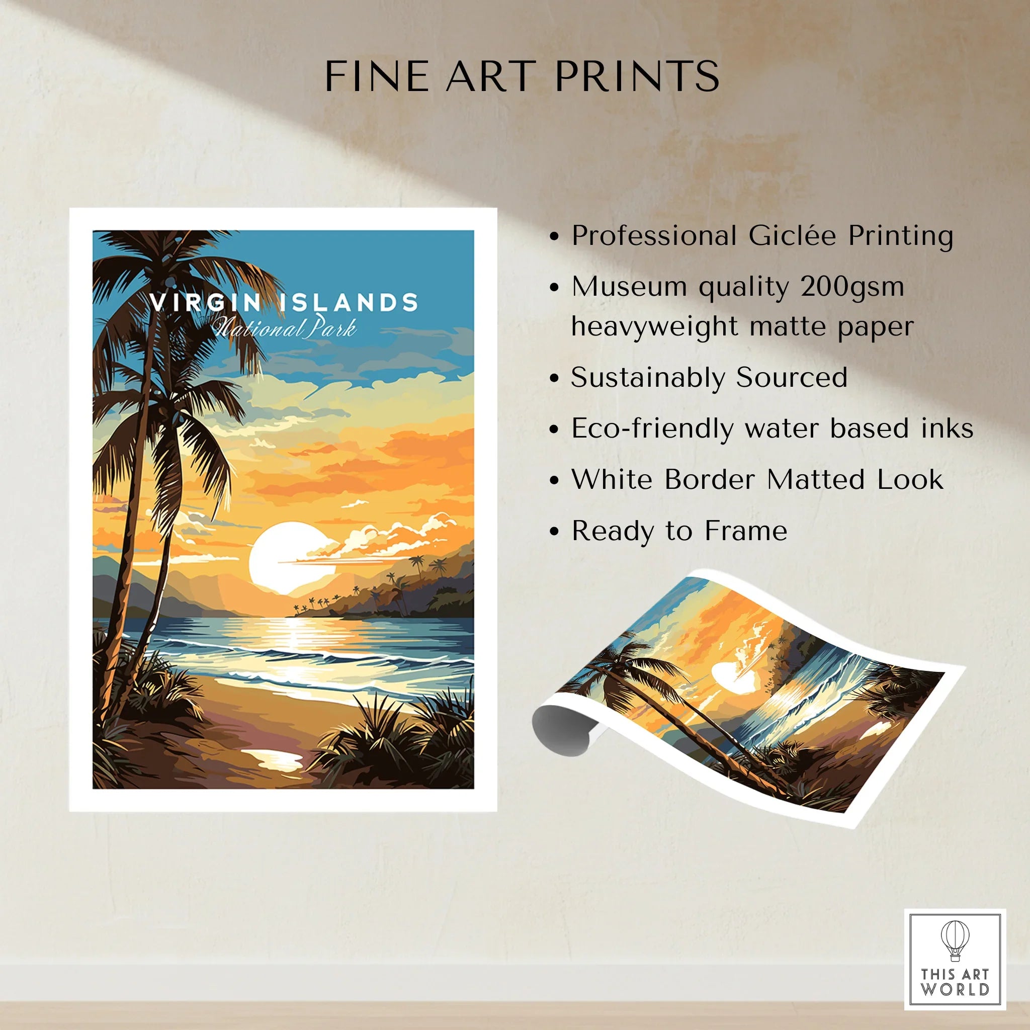 Virgin Islands National Park art print with tropical beach sunset, palm trees, and ocean waves