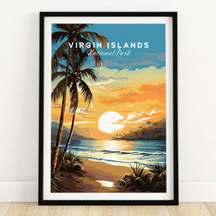 Virgin Islands National Park art print with tropical beach sunset in black frame on wooden floor