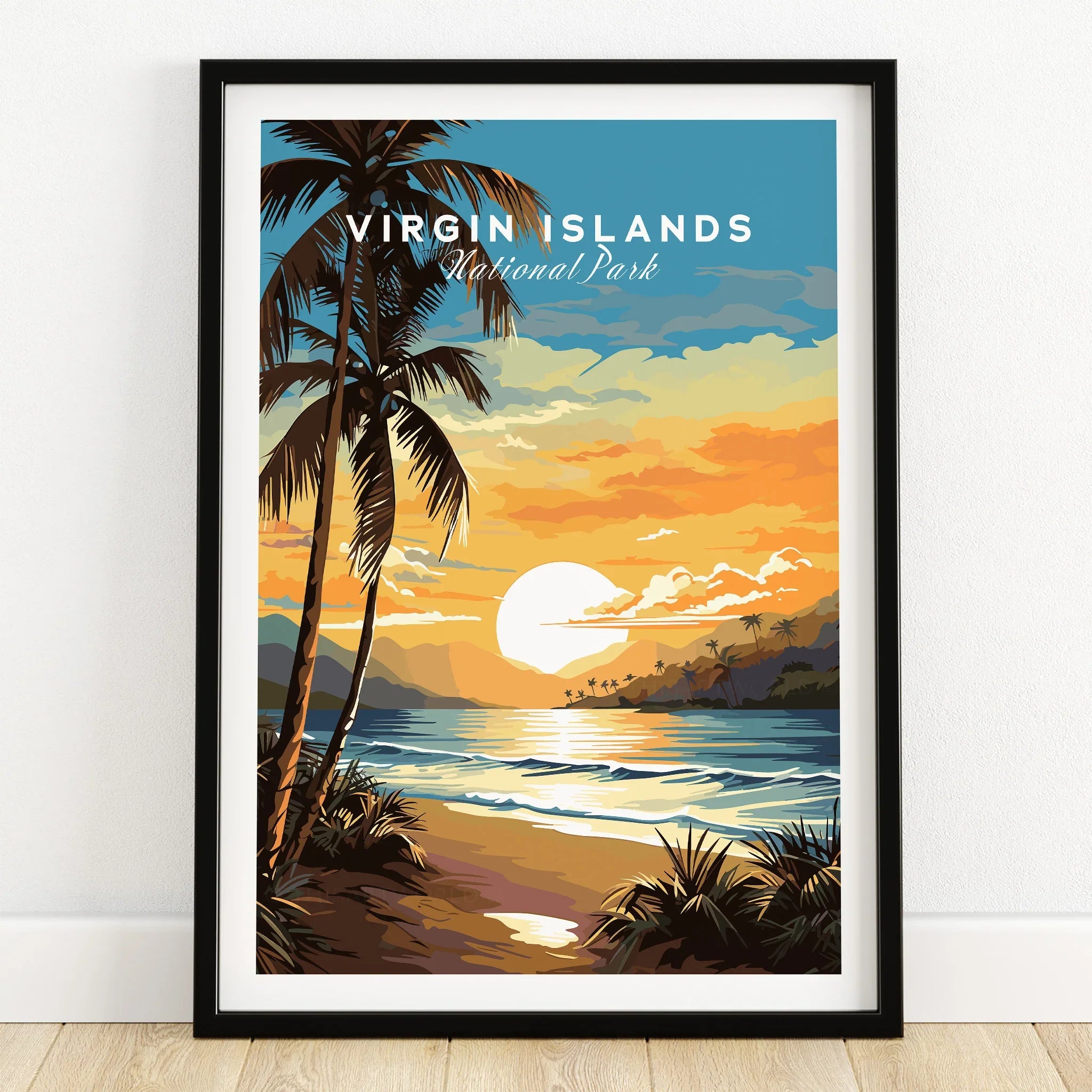 Virgin Islands National Park art print with tropical beach sunset in black frame on wooden floor