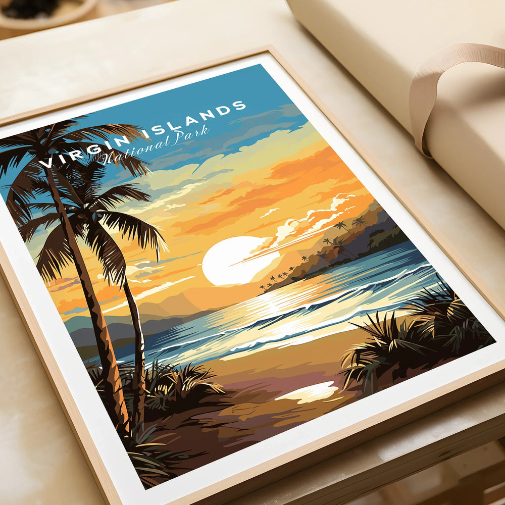 Virgin Islands National Park sunset travel poster in natural wood frame, unwrapped gift