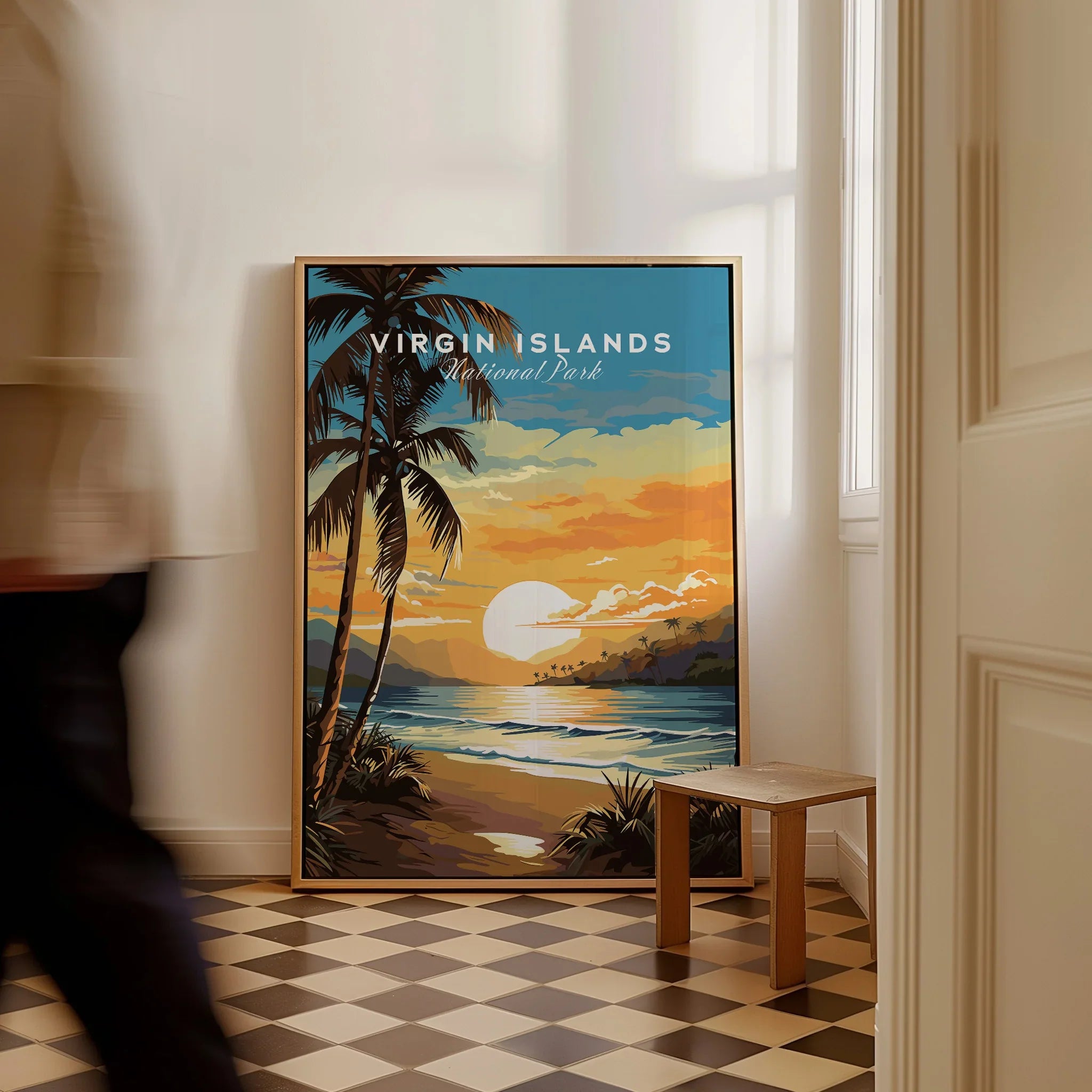 Virgin Islands National Park framed travel poster with sunset beach scene on floor in hallway
