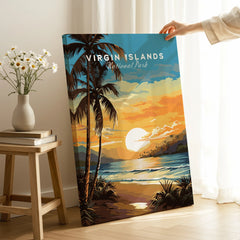 Virgin Islands National Park art print with sunset beach scene and palm trees, held in cozy room