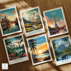 Set of six framed travel posters featuring Venice, Paris, Singapore, Virgin Islands, Highlands, and Sri Lanka on a wooden floor.