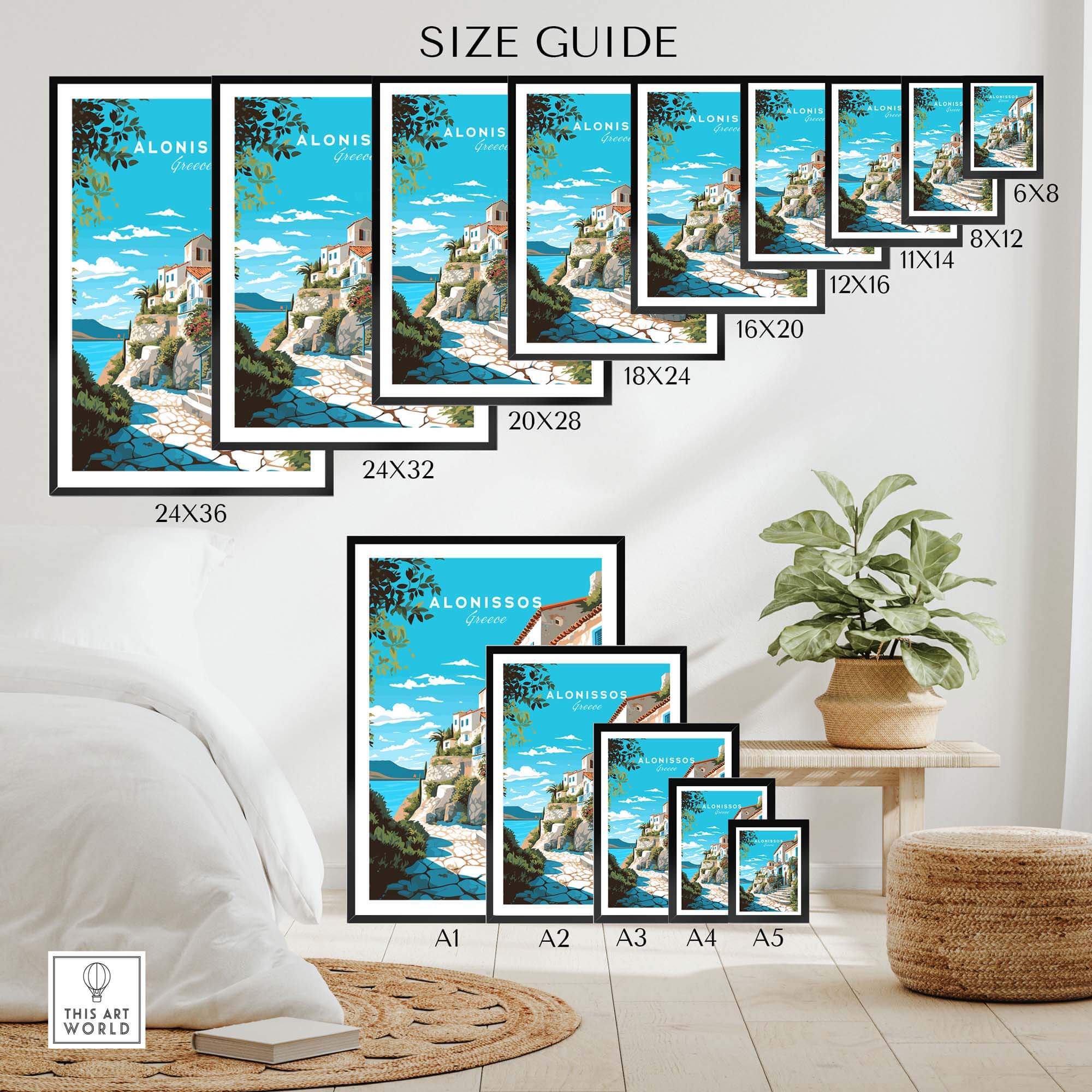 Size guide for Alonissos Greece Travel Poster Print showcasing various dimensions and placement within a home decor setting.