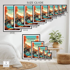 Size guide for Amsterdam Print featuring various frame sizes and vibrant sunset scene of canals and bikes.