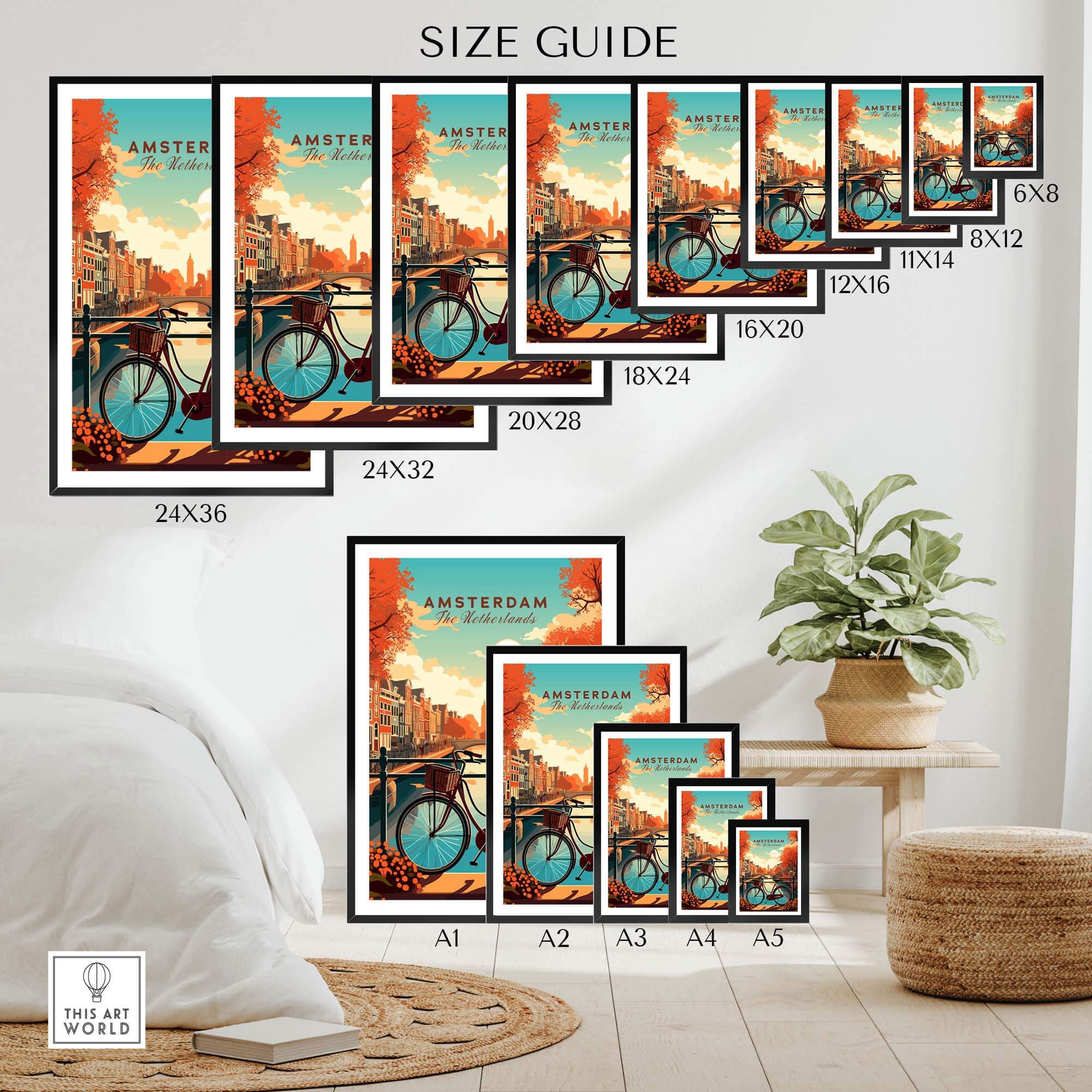 Size guide for Amsterdam Print featuring various frame sizes and vibrant sunset scene of canals and bikes.