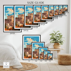Size guide for Athens Greece travel poster print featuring Acropolis in various dimensions.