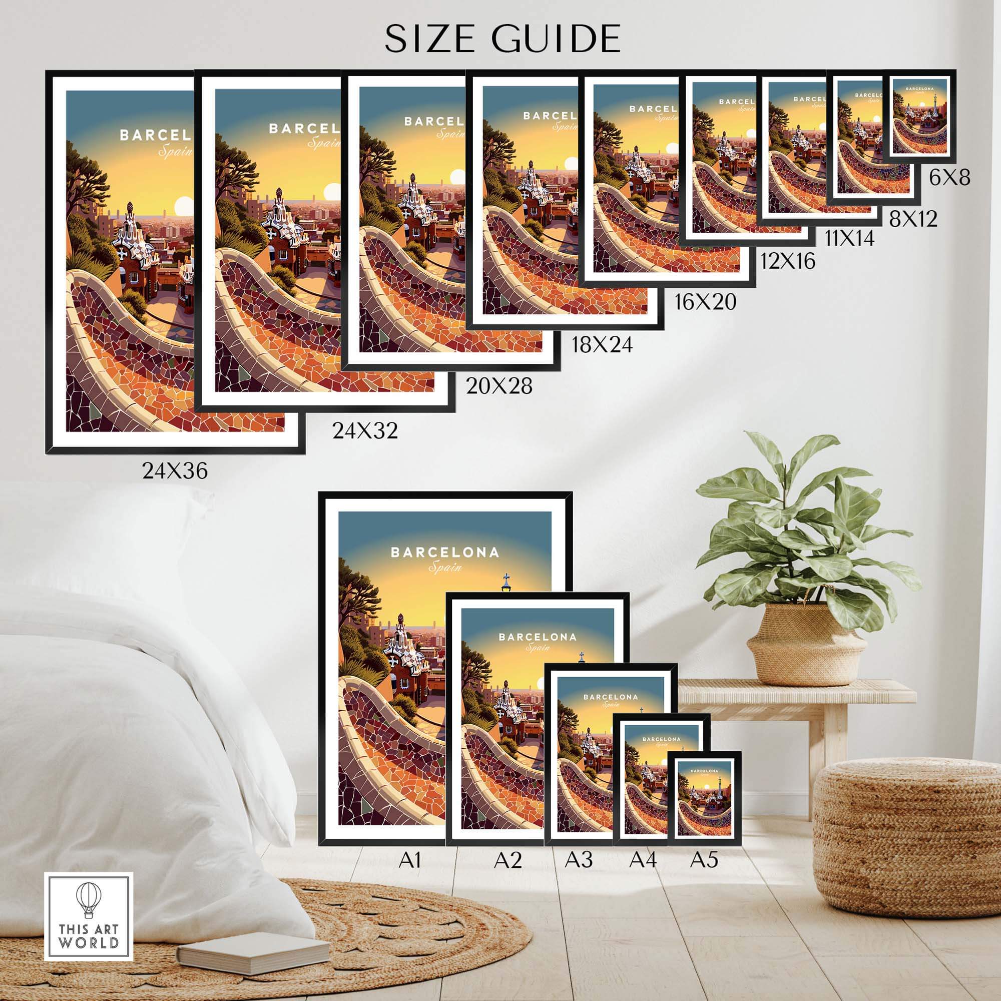 Size guide for Barcelona Travel Poster Print showing various frame sizes and placement options in a stylish home setting.