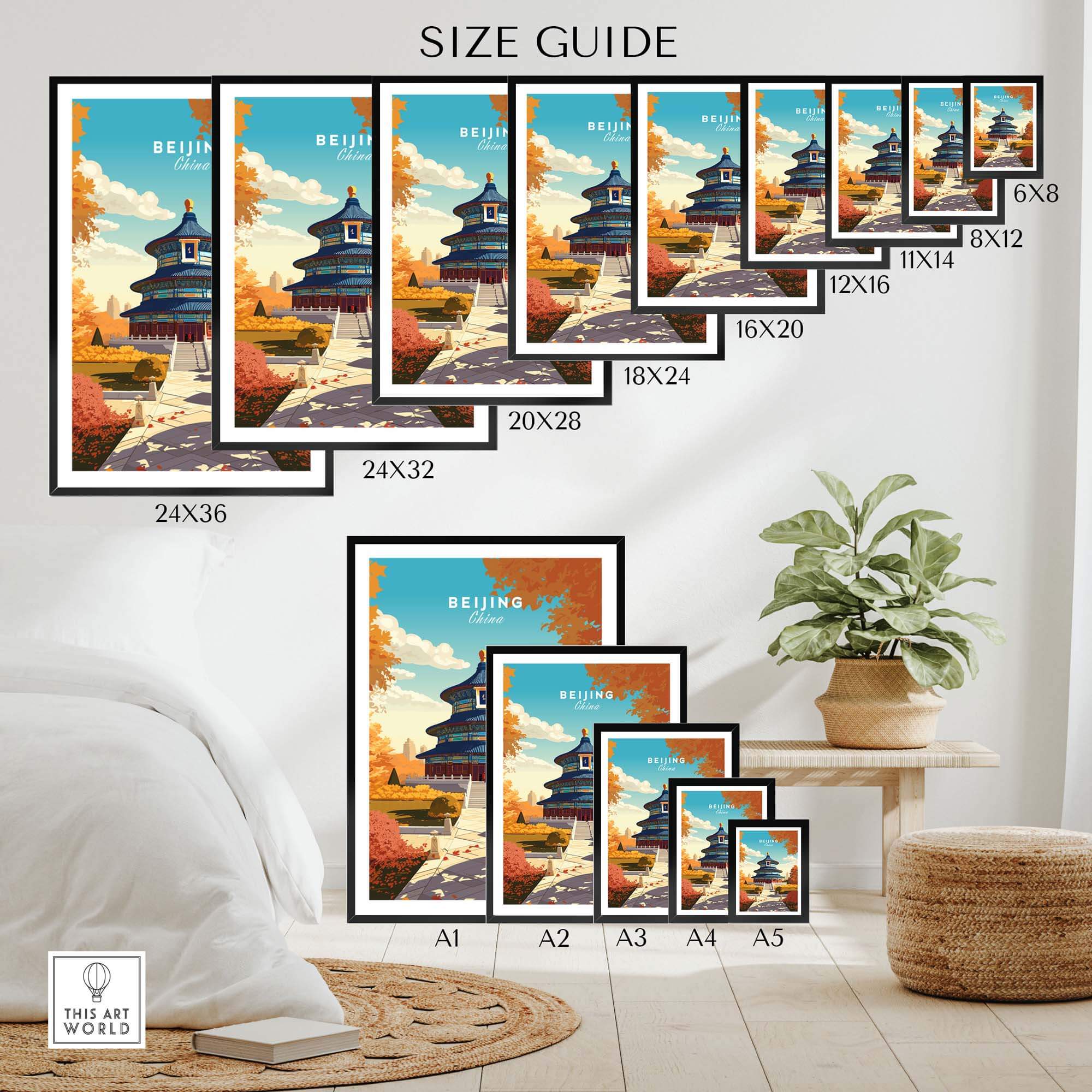 Beijing Print size guide poster with various frame sizes showcasing elegant Forbidden City artwork.